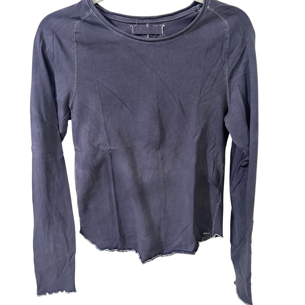 We the Free Easy Does It Crew Neck Lettuce Hem Long Sleeve Tee Blue, size XS